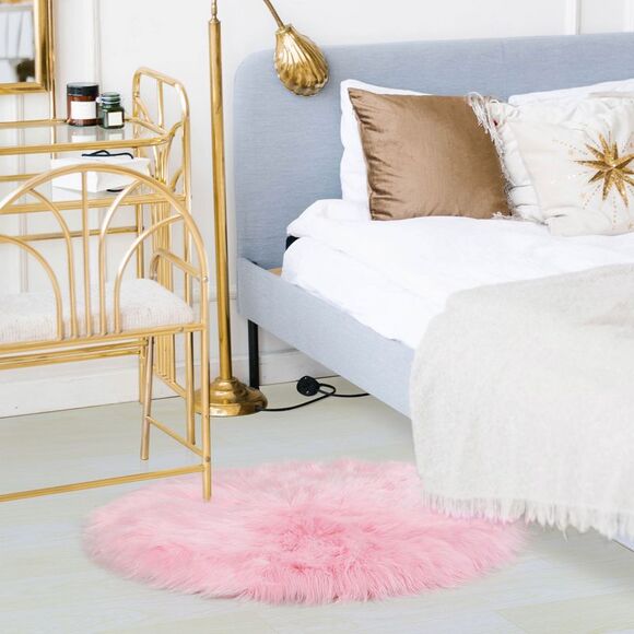 Faux Fur Round Rug Fluffy Area Rugs for Bedroom 2 x 2 Feet Light Pink - Picture 2 of 6